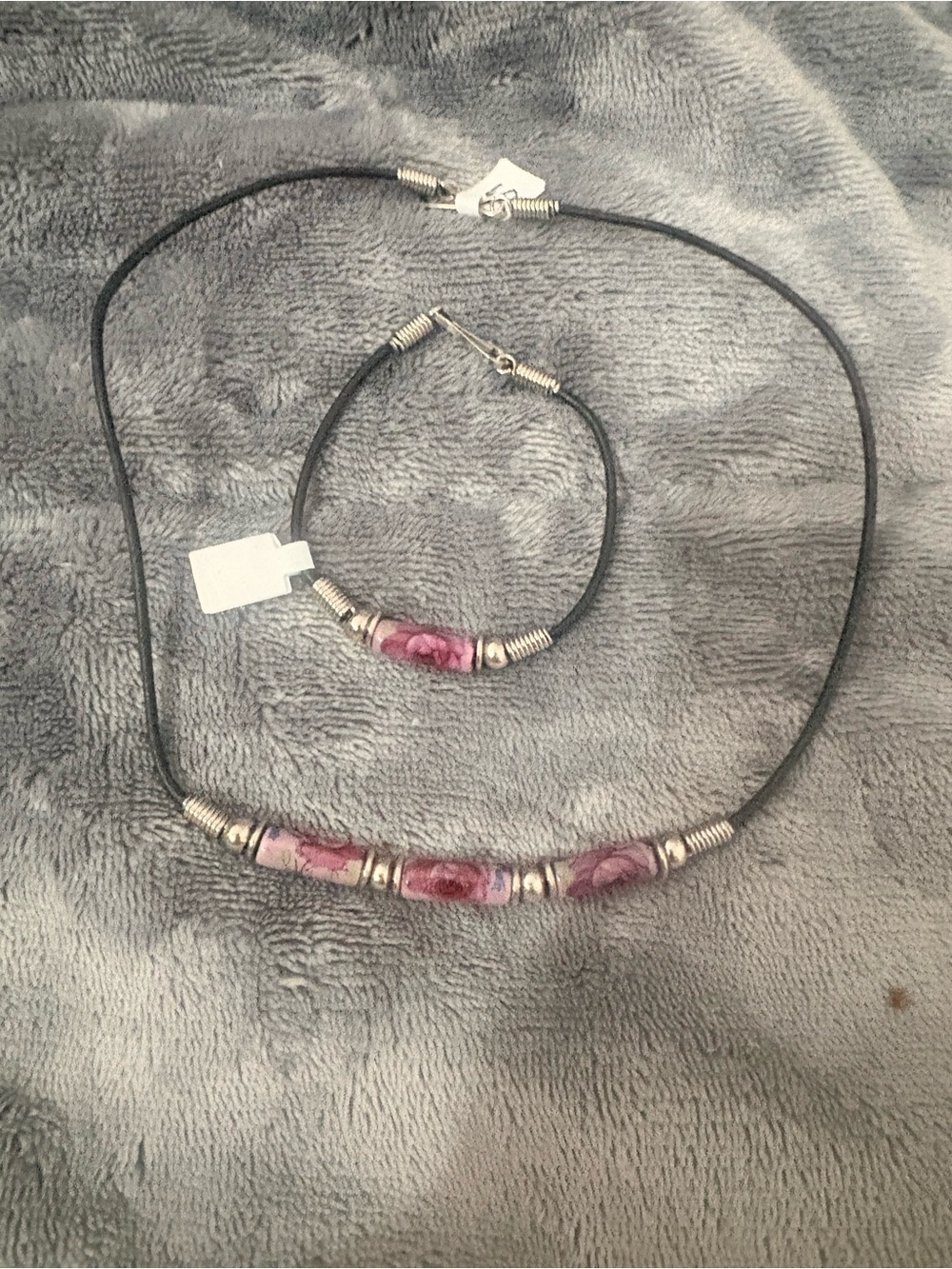 Handmade Pink Glass Bead Cord Necklace & Bracelet Set